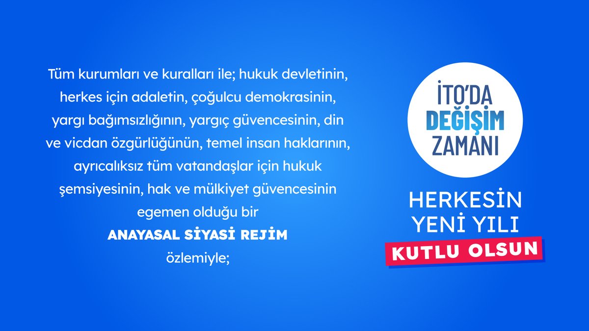 itodadegisim's tweet photo. Ayrımsız herkesin hak ve hukukunu, demokratik, laik ve sosyal hukuk devletini korumaya ve yaşatmaya adamış bir siyasi kültürü yaşatacak yöneticiler özlemiyle herkesin yeni yılı kutlu olsun! https://t.co/MN2t5GoRRl