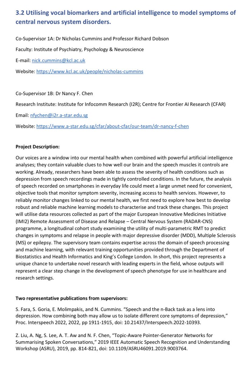 Are you interested in analysis of #speech and #health #data? Come and study a #phd with us ⁦<a href="/nickcummins41/">Nick Cummins</a>⁩ see info below