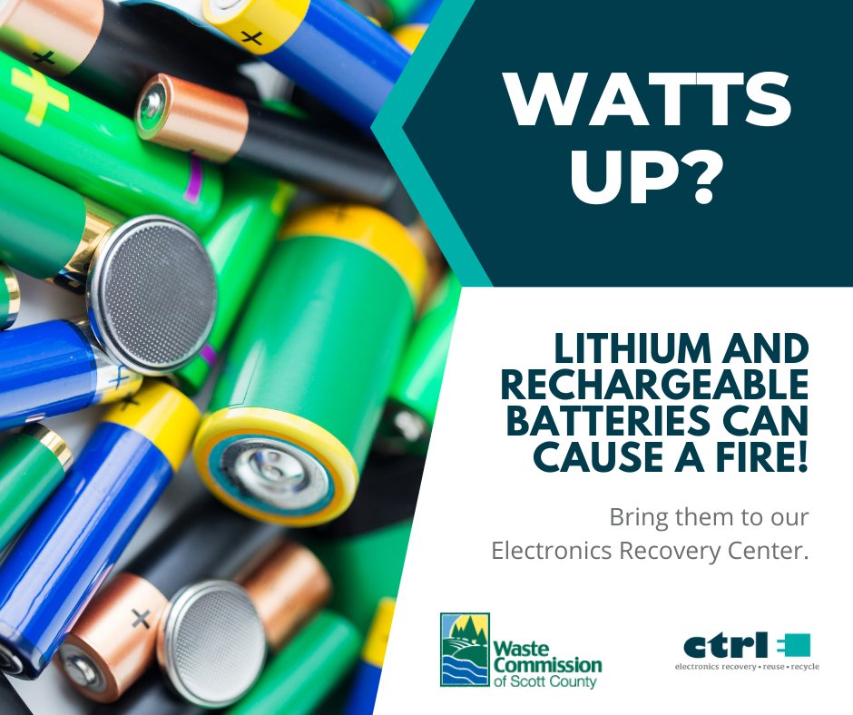 WasteCommission's tweet image. Watts up with batteries? They can cause a spark so they do NOT belong in your garbage or recycling carts. Dropping them off at the Electronics Recovery Center at 5650 Carey Avenue in Davenport to dispose of them safely. #KnowWhatToThrow #AvoidTheBatterySpark