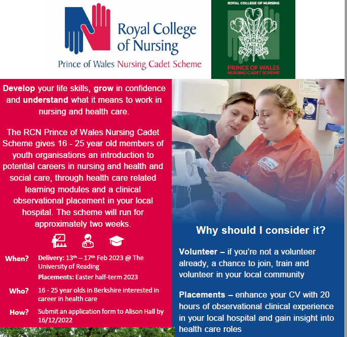 A great opportunity for young people in Berkshire who'd like to find out about careers in nursing/healthcare. Workshop will be February ½ term at The University of Reading, placements Easter 2023. For more information or to apply contact HealthReach@reading.ac.uk