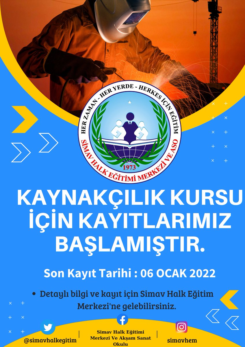 simavhalkegitim's tweet photo. Simav Halk Eğitim Merkezi'nde "Kaynakçılık" kursu açılacaktır.Kayıt yaptırmak isteyenler 6 Ocak Cuma gününe kadar Halk Eğitim Merkezimize müracaat etmeleri gerekmektedir.

@simavmem43  @halilaktay35 https://t.co/aohlzAFVLU