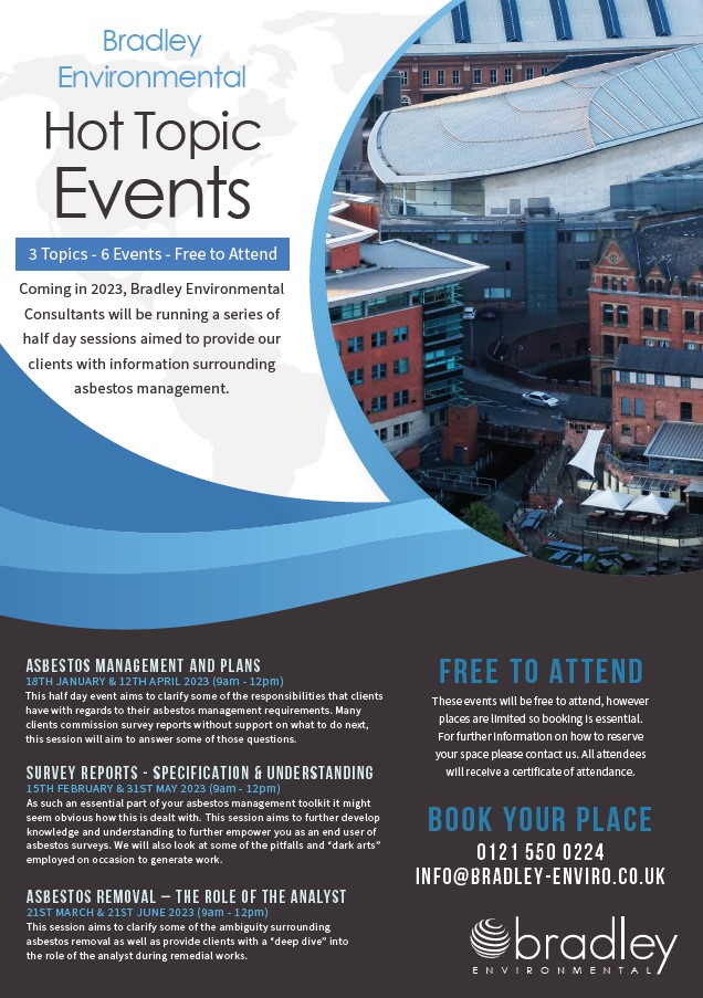 Bradley_Enviro's tweet image. Coming to Bradleys in 2023! 

We will be hosting a series of events to provide our clients with information surrounding asbestos management.

Courses running from Jan – June, find out more about the events on our website: bradley-enviro.co.uk/news/428-hot-t… 

#trainingprovider #asbestos