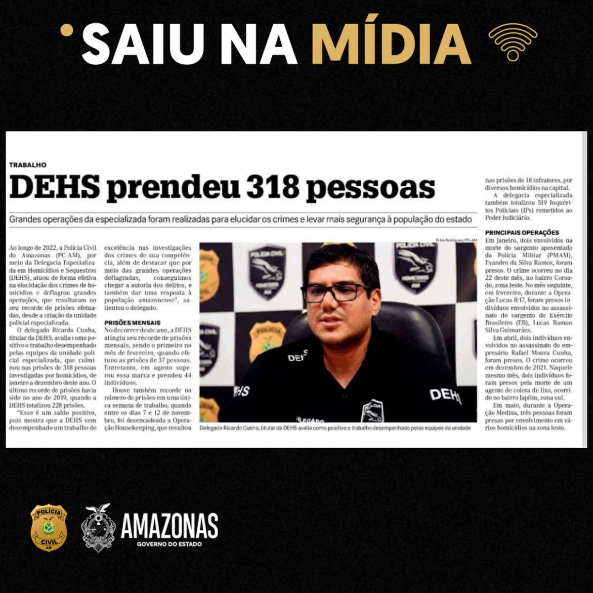 policiacivilam's tweet image. SAIU NA MÍDIA 📶

A DEHS da PC-AM, atingiu o recorde de prisões de crimes de homicídios e sequestros em 2022. O último recorde havia sido em 2019, quando a Especializada totalizou 228 prisões.

#saiunamidia #dehs #pc #pcam #policia #policiacivil #recorde #prisoes