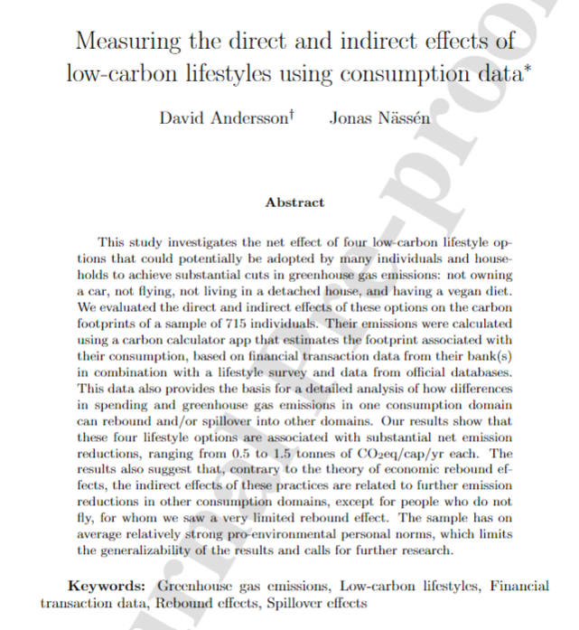 Interesting-looking article finding that 4 low-carbon lifestyle options (not owning a car, not flying, not living in a detached house, and having a vegan diet) result in "substantial net emission reductions" with "a very limited rebound effect" doi.org/10.1016/j.jcle…