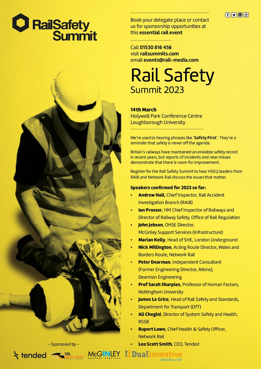 Rail Safety Summit - Tuesday 14th March 2023.

Early bird tickets are available until 20th January, book below:
railsummits.com/event/Safety-2…

Read about our speakers here:
railsummits.com/event/Safety-2…

#rail #railindustry #safety #railsafety #safetymatters #railways #ukrail