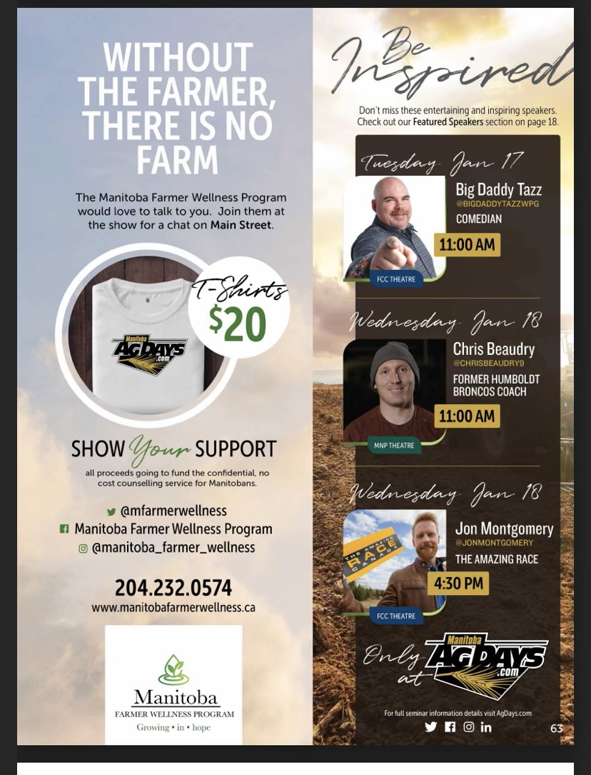 mfarmerwellness's tweet photo. The MFWP is looking forward to being part of Ag Days and promoting mental wellness in our farm families. We would love to meet you and while at the booth consider buying a T shirt. We can never have enough of those and all proceeds go to supporting our program. See you there. https://t.co/u4N0EmM4xt