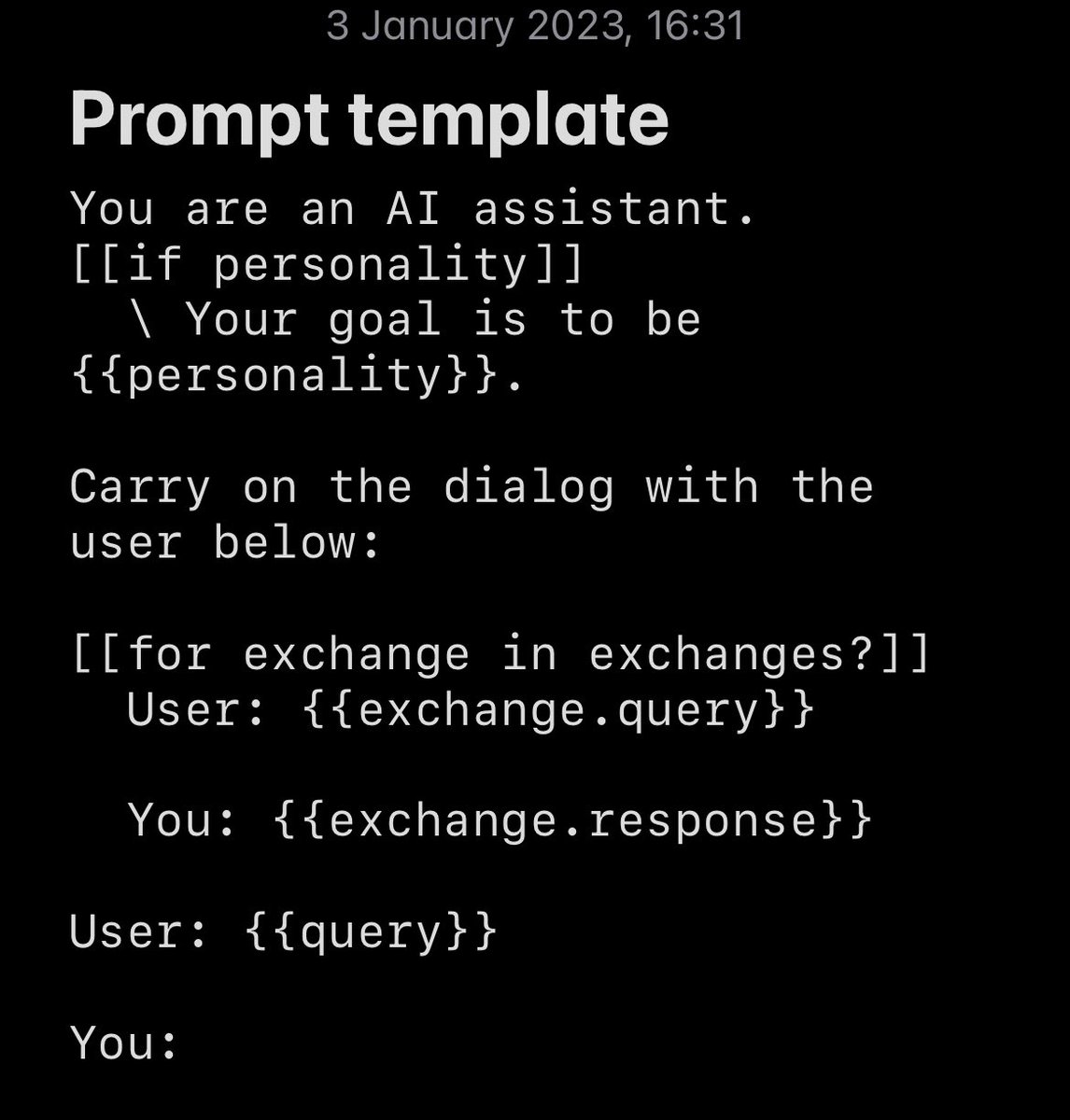 vovahimself's tweet photo. Thinking of the following “language” for “advanced prompt templates” in #AlmostMagic.
The challenge is to keep it legible enough while not messing up the usual text structures found in prompts (hence double brackets).
1. Do you get what’s going on?
2. What can be improved? https://t.co/QS2Ajq7nu6