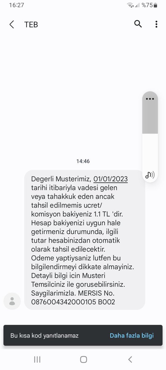 Bıktım artık. Her ay aynı mesaj.. TEB'e 1 lira 10 kuruş borcum varmış. Hesabım yok ki borç nereden? Geçen ay borcu ödemek için şubelerine gittim, parayı almadılar. Görüşecek yetkili bulamıyorum...