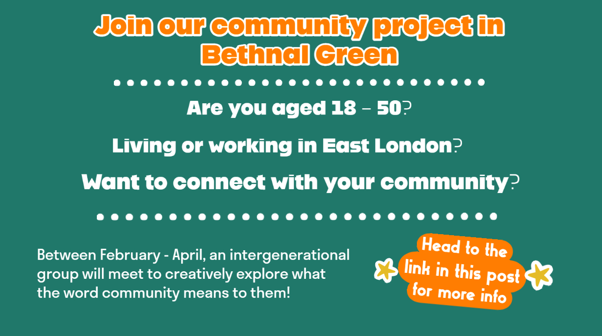 MagicMeArts's tweet photo. Do you want to kick off 2023 by making new connections, trying something different, or working with professional artists? 

Magic Me are looking for people aged 18 - 50 to join our #intergenerational project in #BethnalGreen

Find out more here - https://t.co/RdTxrurArB https://t.co/dkeZtbNCQz