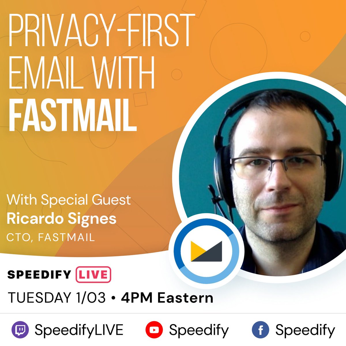 ‼️TODAY 4PM Eastern <a href="/alexgizis/">Alex Gizis</a> is chatting with <a href="/Fastmail/">Fastmail</a> CTO Ricardo Signes <a href="/rjbs/">Ricardo SIGNES</a> on #SpeedifyLIVE about all things #Privacy! 

Get your leftover #Holiday snacks🍿&amp; prepare your questions for our first #livestream of 2023!

Watch:
twitch.tv/speedifylive
youtube.com/watch?v=xMMc9R…