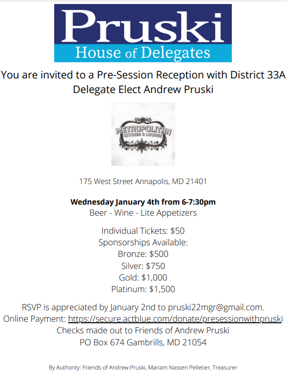 D33Dems's tweet photo. Join us for a Pre-Session Reception with District 33A Delegate Elect Andrew Pruski Tomorrow, Wed. Jan 4. Get Tickets: https://t.co/4ER4MX1kLR - https://t.co/6FFna2cuDJ https://t.co/iyAr5UUnrd