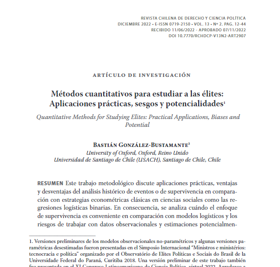 📢Les invitamos a leer el artículo de investigación del autor Bastián Gonzalez-Bustamante. Trabajo metodológico que busca analizar el efecto de la trayectoria y vínculos empresariales en el acceso y permanencia en posiciones políticas relevantes.
derechoycienciapolitica.uct.cl/index.php/RDCP…