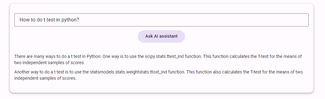 Not sure how to to the t-test in Python? Just ask the AI assistant.