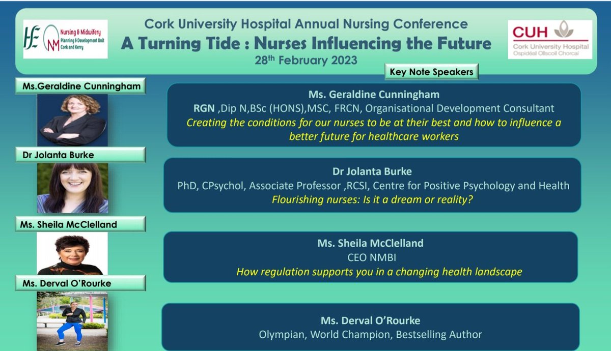 Looking forward to great keynote speakers @CUH_Cork Nursing Conference “ A Turning Tide – Nurses Influencing The Future”  on 28th Feb 2023. #CuhNurseConf23 @JolantaBurke @DervalORourke @HrSswhg @NMPDUCorkKerry @AMGalvinCUH @BridAOSullivan @NMBI_ie @OBebh @CuhANP @chiefnurseIRE