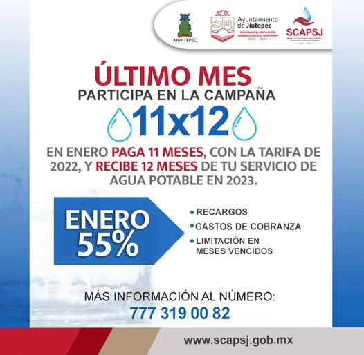 Morelos_2025's tweet photo. Campaña 11x12 del Sistema de Agua Potable Jiutepec.
En el mes de enero paga 11 meses, con la tarifa del año 2022, y recibe 12 meses de servicio en el año 2023.
Además 55% de descuento en recargos, gastos de cobranza y limitación en meses vencidos.
Más informes en el 777-319-00-82 https://t.co/7jm6cVbcEZ