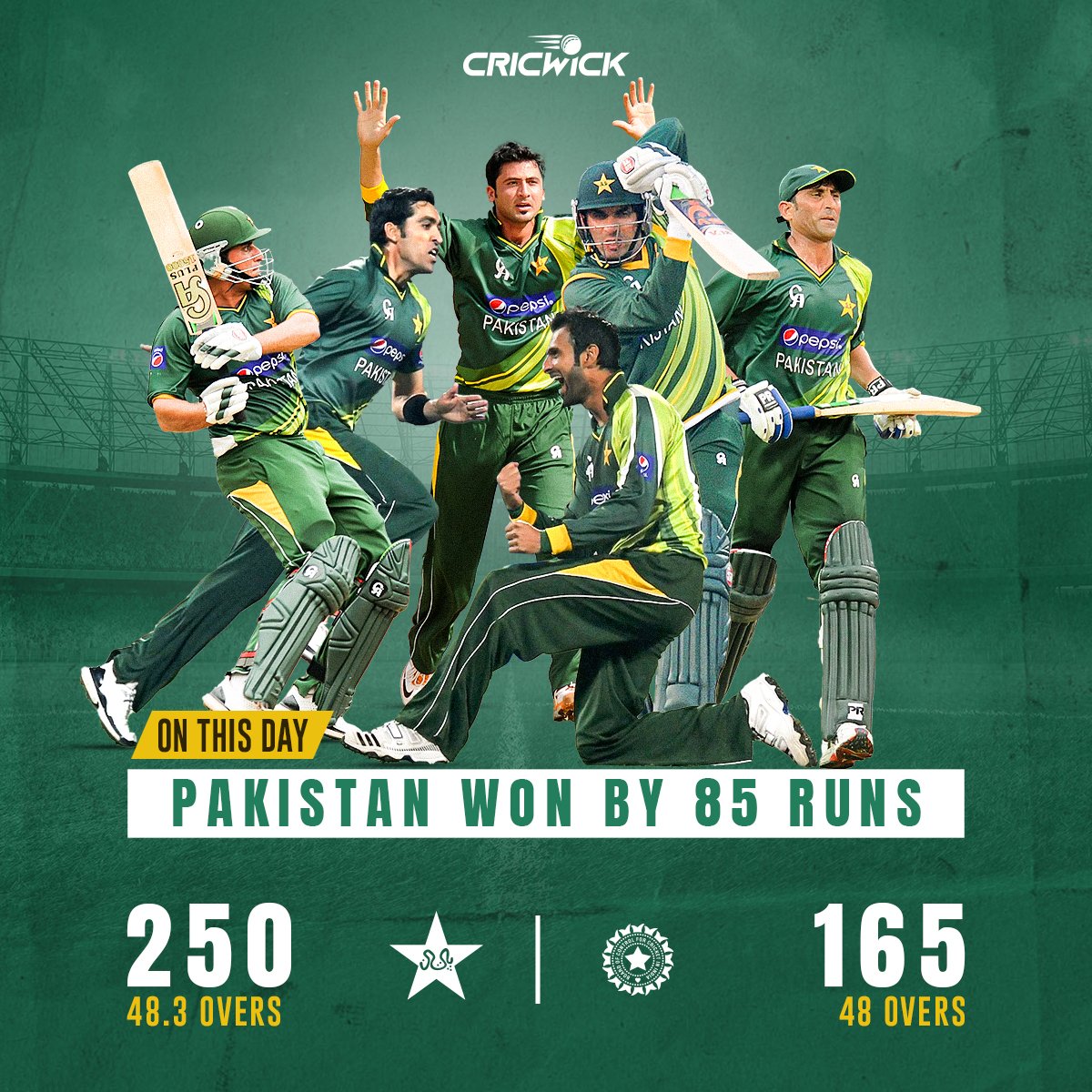 Cricwick's tweet photo. #OnThisDay in 2️⃣0️⃣1️⃣3️⃣ 🗓️

Nasir Jamshed's 💯 and an all-round effort from the bowlers helped Pakistan register an 8️⃣5️⃣-run win over India at Eden Gardens 🏟️

The victory confirmed an unassailable 2️⃣-0️⃣ lead for Pakistan in the 3️⃣-match series 🙌

#INDvPAK #AaneDo #CricketTwitter https://t.co/uTSsvR6EIu