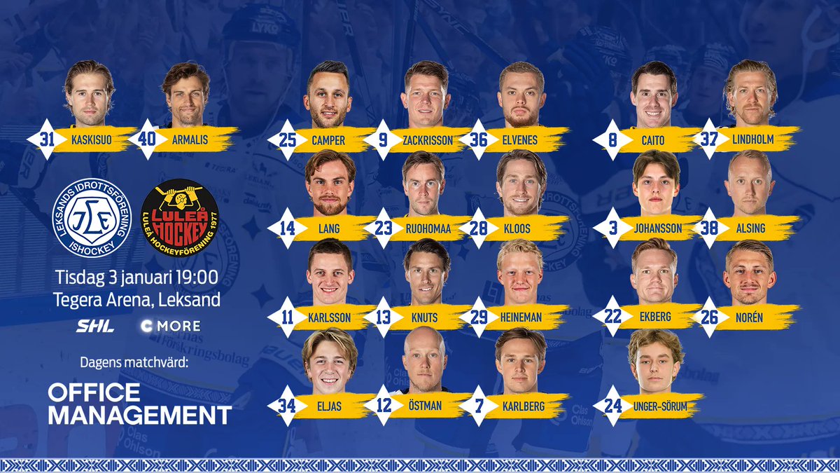 Årets första SHL-match väntar när vi tar emot Luleå med nedsläpp klockan 19:00 i Tegera Arena. Några spelare saknas, och från J20-laget fyller Arvid Eljas samt debuterande Felix Unger Sörum på. Matchen sänds på C More Live 3 eller via stream från C More.
@cmorehockey 
#leksandsif