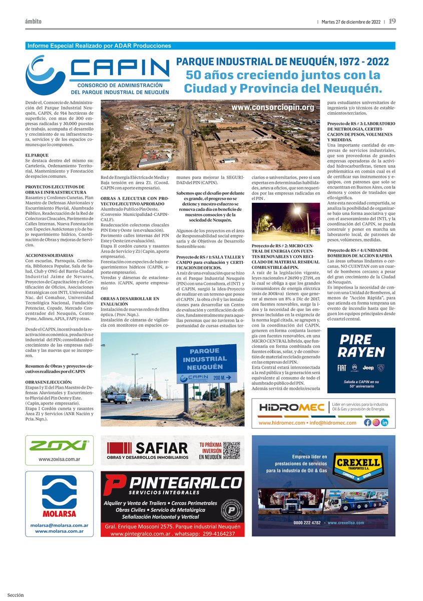 El CAPIN celebrando sus 50 años en medios Nacionales. Diario Ámbito Financiero.