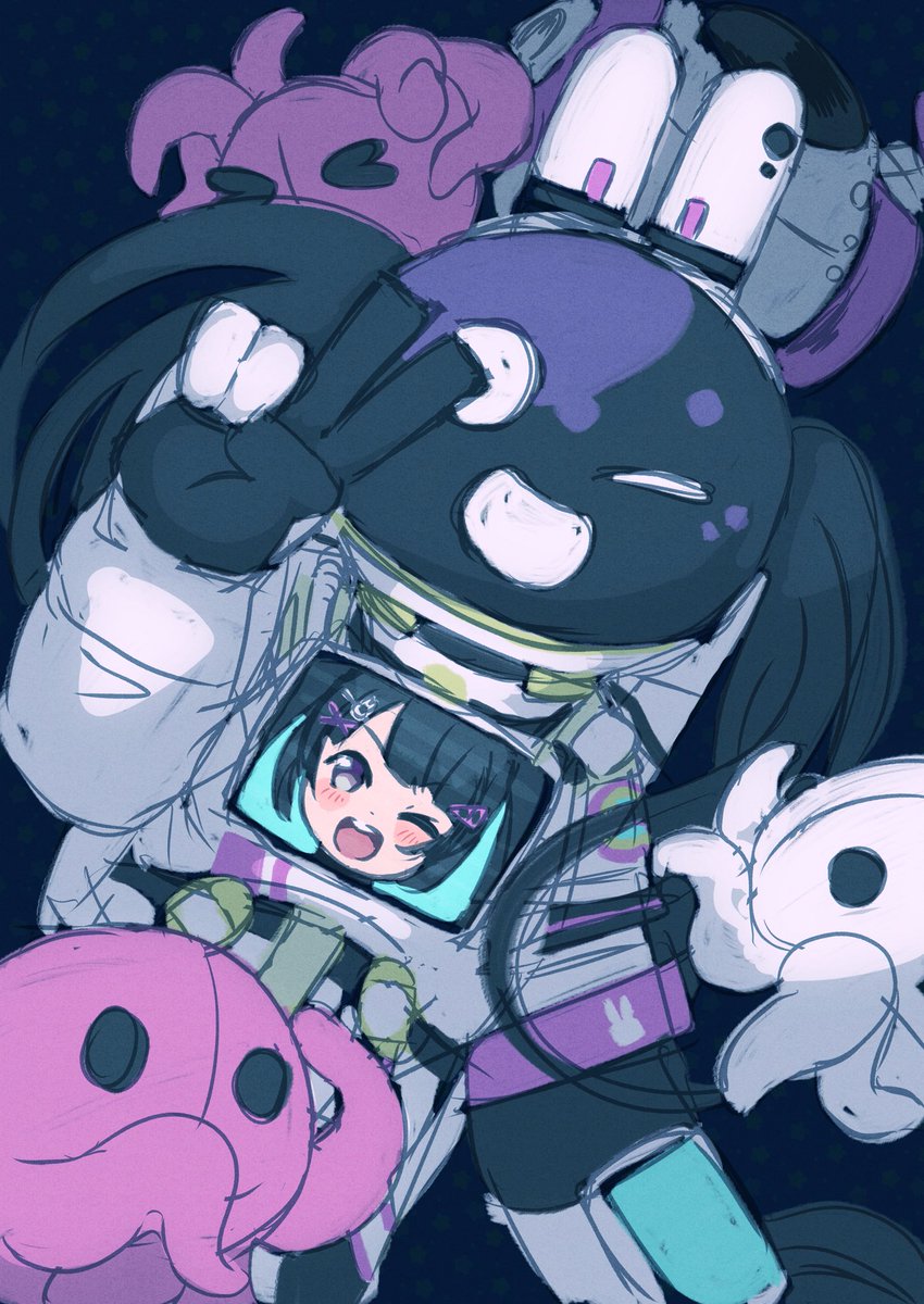 tsukino mito 1girl one eye closed v smile astronaut black hair spacesuit  illustration images