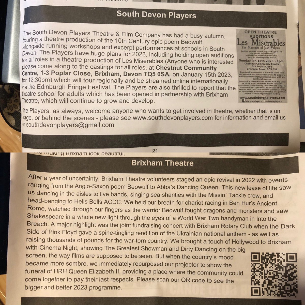 sdevonplayers's tweet photo. Twice in Brixham Signal, the local magazine from @brixhamtc today - 
in our own section, our Les Mis auditions &amp; in @BrixhamTheatres post referencing our recent production of Beowulf :) 

#theatre #brixham #theatrelife #torbay #devontheatre #devonactors #regionaltheatre https://t.co/gNBM0Qy5qE