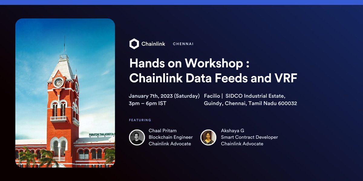 Web3Chennai's tweet image. 🙏 Vanakkam Web3 👋 

Kicking off this year with ChainLink Chennai Community Workshop on Sat 7th 🚀 @Chainlink_IN @FacilioInc

Workshop handled by @ChaalPritam &amp;amp; @Akshayacodified  🥳

Join us &amp;amp; learn about #Chainlink Oracles, #VRF, and #Datafeeds 🎉

RSVP: meetup.com/chainlink-chen…