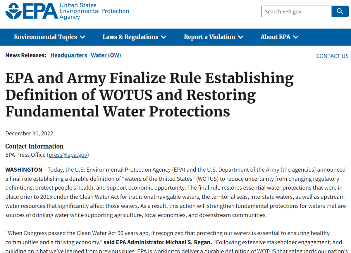 StateImpactCntr's tweet photo. .@EPA & @ASACivilWorks announced on 12/30 a final rule that would revise the definition of “waters of the united states”under the Clean Water Act. The final rule will take effect 60 days after being published. #StateImpactAlert🧵
https://t.co/lDNGWS0Fy8 https://t.co/jnvqyrapyk