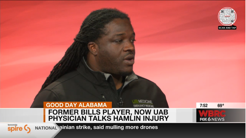 Former @BuffaloBills player and current @UABEmergencyMed resident @TownsJeremy was featured on @WBRCnews this morning to discuss Damar Hamlin's cardiac arrest during last night's game. Thank you to Dr. Towns for providing clinical perspective on this tragic incident.