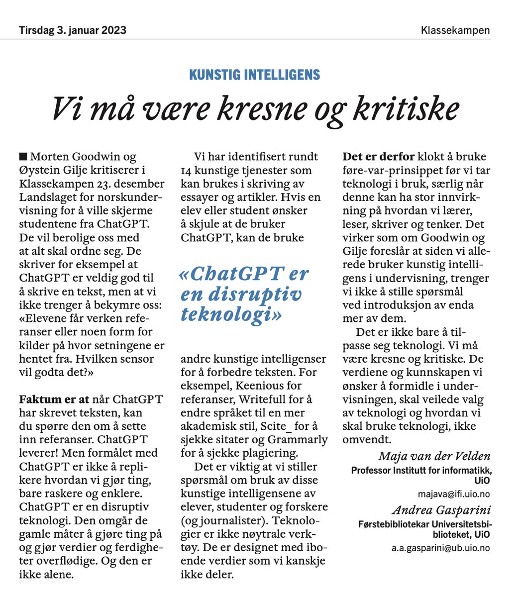 AI er også disruptiv i utdanning. I denne teksten argumenterer vi for at verdiene og kunnskapen vi ønsker å formidle i undervisningen, skal veilede valg av teknologi og hvordan vi skal bruke teknologi, ikke omvendt. #sustainableAI #techisnotneutral <a href="/NORAdotAI/">NORA.ai</a>