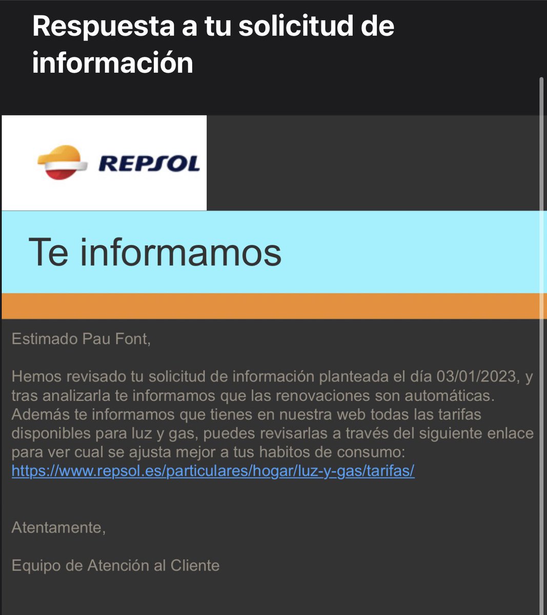 pfont_'s tweet photo. Tengo una tarifa de @Repsol @consumidores a 0,10€/kw, me mandan una oferta de renovación a 0,29€/kw (casi el triple), a la cual me opongo y solicito una nueva propuesta más ajustada al mercado y literalmente me han mandado a freír espárragos 😂

Bueno, pues molt bé, pues adiós! https://t.co/i359v3xYma