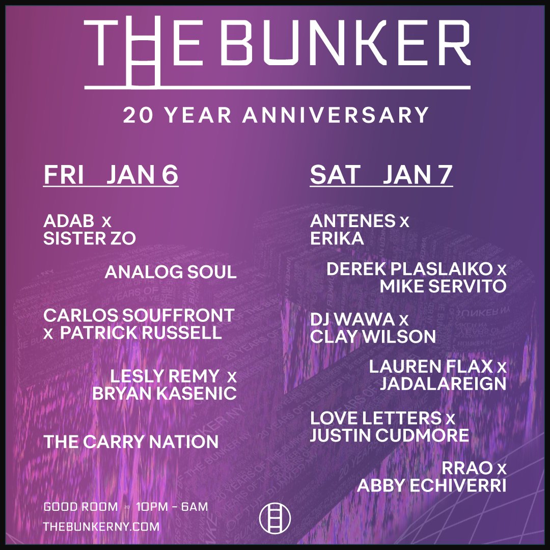 The Bunker (@thebunkerny) on Twitter photo Ok, everyone can stop asking us who is playing on which night this weekend for The Bunker 20 Year Anniversary at <a href="/GoodRoomBK/">Good Room</a>. weekend passes and one night tix available on RA. <a href="/_rrao_/">rrao</a> <a href="/Sister__Zo/">Sister Zo</a> <a href="/TheCarryNation/">The Carry Nation</a> <a href="/claywilson/">My Computer Is An Optomist</a> <a href="/gregorywawa/">gregory dj wawa</a> Ok, everyone can stop asking us who is playing on which night this weekend for The Bunker 20 Year Anniversary at <a href="/GoodRoomBK/">Good Room</a>. weekend passes and one night tix available on RA. <a href="/_rrao_/">rrao</a> <a href="/Sister__Zo/">Sister Zo</a> <a href="/TheCarryNation/">The Carry Nation</a> <a href="/claywilson/">My Computer Is An Optomist</a> <a href="/gregorywawa/">gregory dj wawa</a>