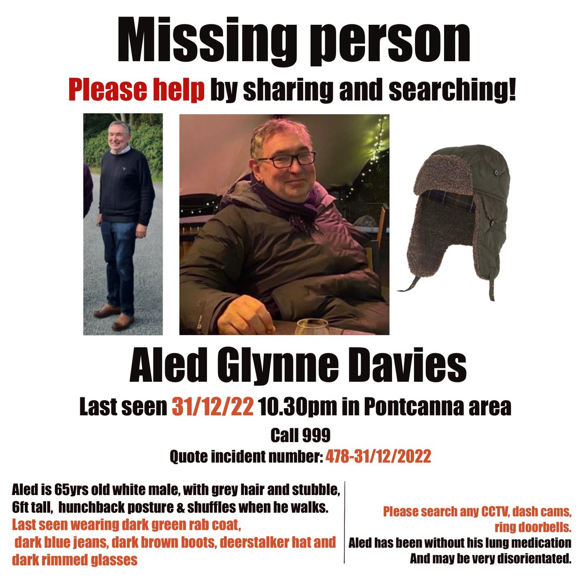 Mae #AledGlynne dal ar goll. Plîs rhannwch y poster yma. Aled Glynne is still missing. Please share this poster to help find him.