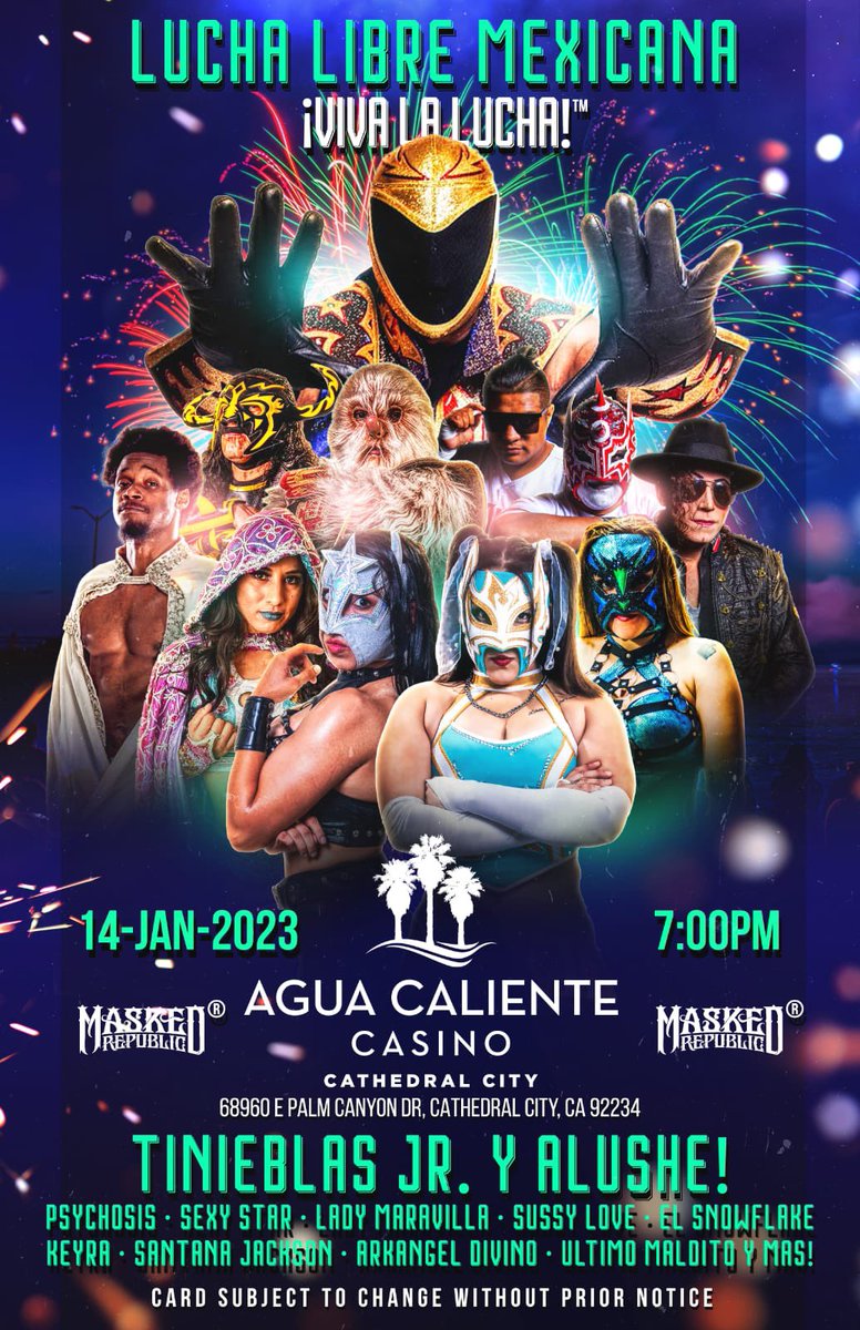 UPDATED STARS for Jan 14th Now with @LadyMaravillAAA & @KeyraStrong! Plus - @tinieblasjrfull & Alushe, @PsicosisOficial @SexyStarAAA (the new one), @sussylove__ @SantanaJacksonn @HughMannTornado Arkangel Divino, Ultimo Maldito y mas! aguacalientecasinos.com/agua-event/viv… THIS WILL SELL OUT!