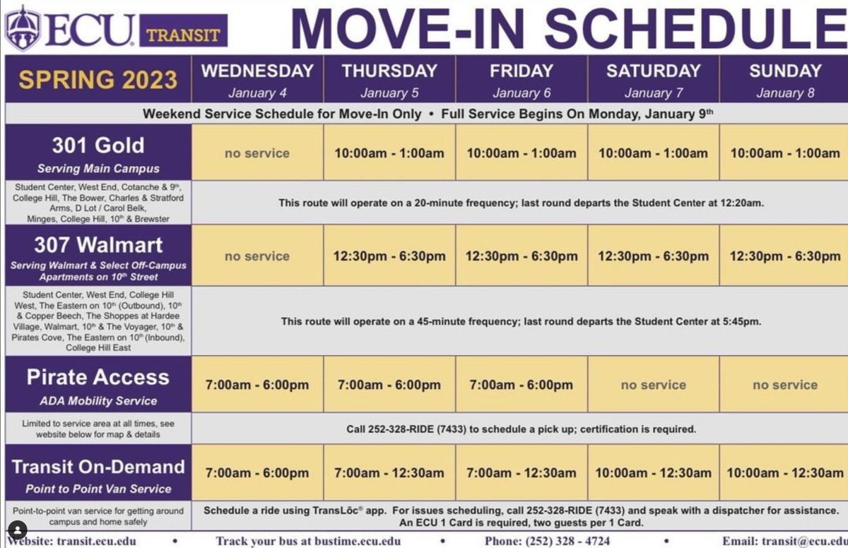 ECU TRANSIT 2023 MOVE-IN SCHEDULE