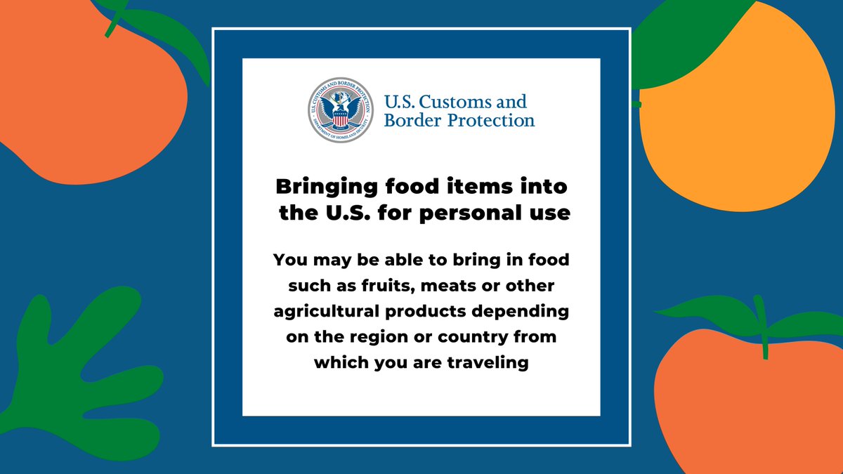CBP's tweet photo. To avoid fines and penalties, always declare any food items you bring into the United States to a CBP officer upon arrival. #TravelTipTuesday 

Find out what food items are allowed, here: https://t.co/sjiChKIFHk https://t.co/PrqBOW8rLr
