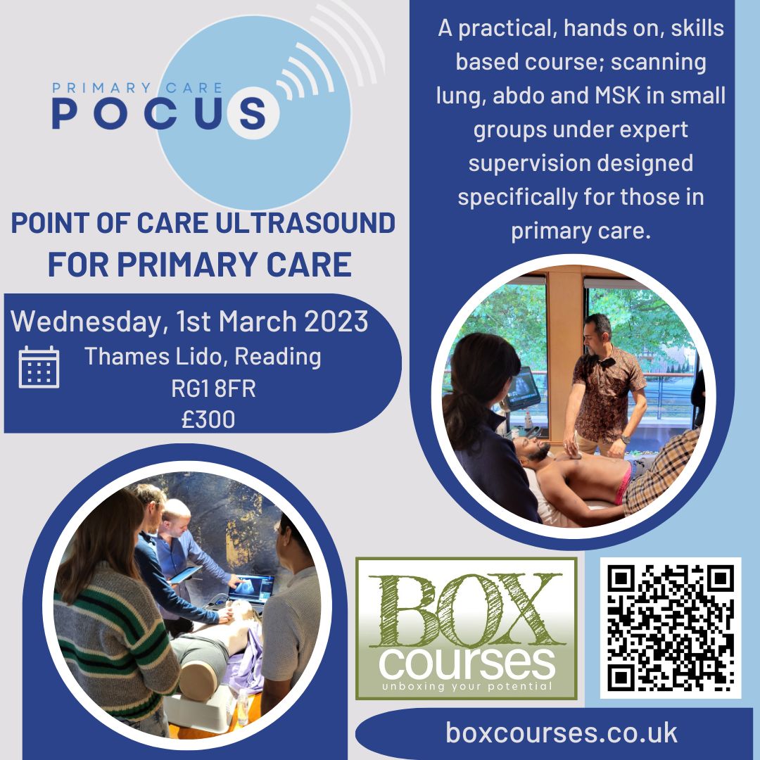 We're excited to introduce our ultrasound course for clinicians working in primary care. 1st March, central Reading, £300. Contact: admin@boxcourses.co.uk @POCUSFrimley @LeePursglove @nmangat2000 @AcutemedSarbc @DrSavPatel @Shaggything @DanLasserson @sjmaroof #POCUS #primarycare