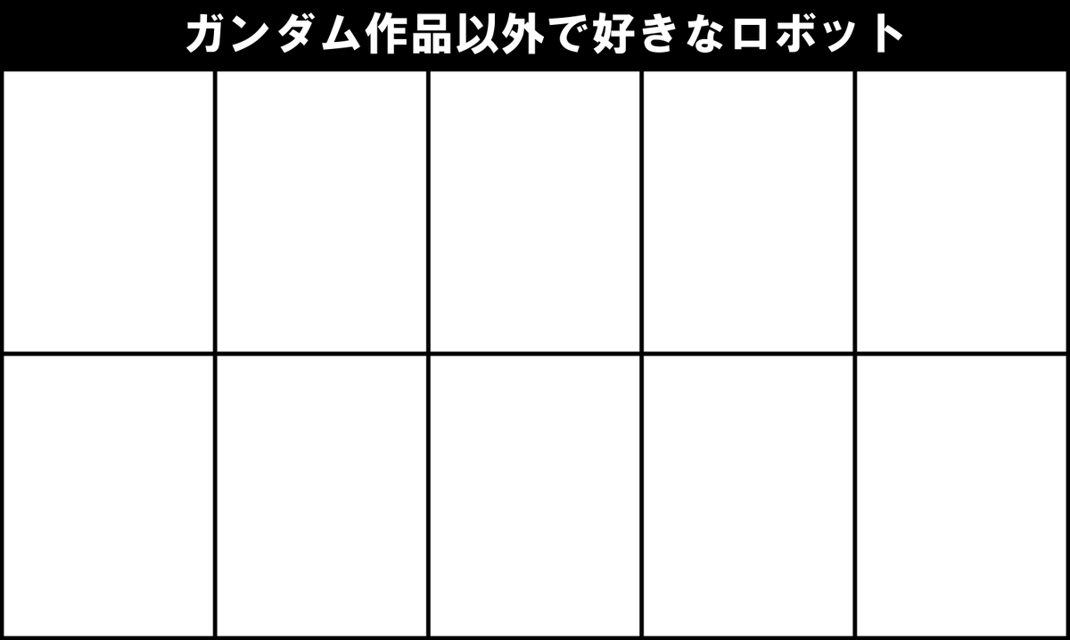 ガンダム作品以外で好きなロボット10個って聞こえたのでなんか描いてしまいました
枠もアップしとくね 