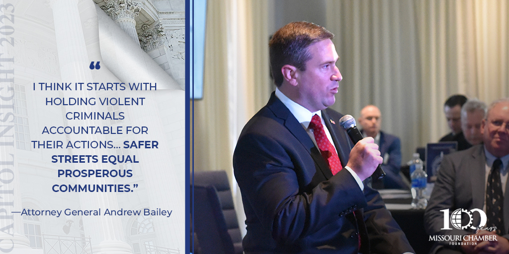 MissouriChamber's tweet photo. We’re excited to have Missouri’s new Attorney General @AGAndrewBailey with us for #MoCapitolInsight. He’s sharing a few pieces of the roadmap to a safer, stronger Missouri. https://t.co/PGMeArvcvn