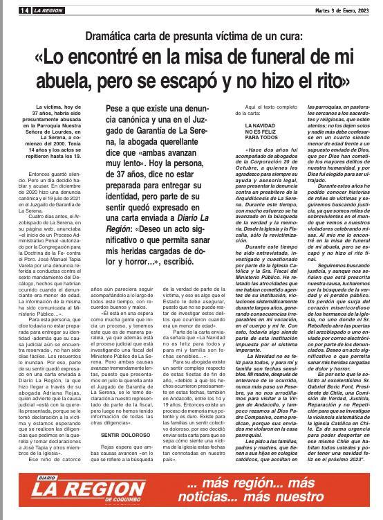 sobrevive_chile's tweet photo. En el diario La Región de Coquimbo la voz de un sobreviviente con el recordatorio a @GabrielBoric para la #comisionverdadjusticiayreparacion #comisiónverdadjusticiayreparaciónabusoinstitucional única solución superadora a la desidia de la justicia.
Avancemos @GobiernodeChile https://t.co/QmpEVCMB58