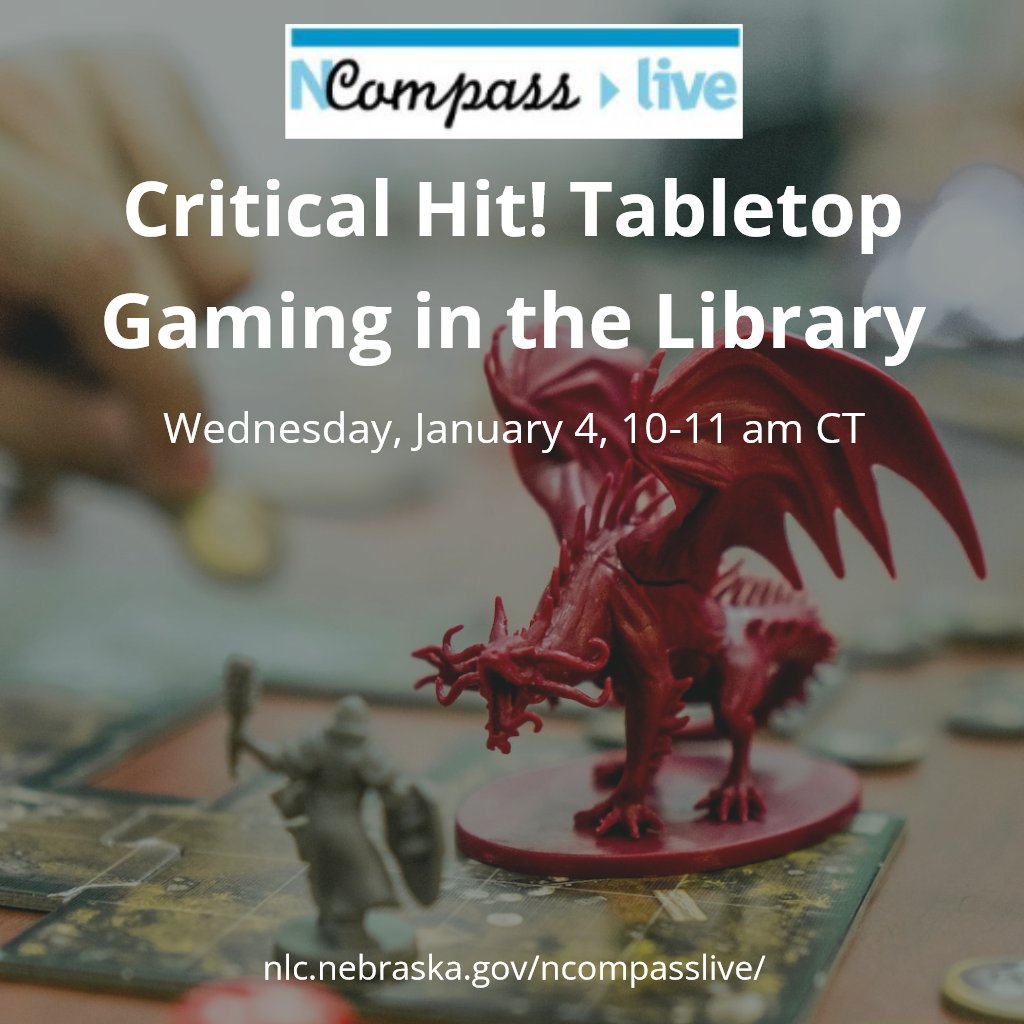 cjburns's tweet photo. Log in right now for the first NCompass Live webinar of 2023, ‘Critical Hit! Tabletop Gaming in the Library’, at https://t.co/SHCGmGMYca
#NCompLive https://t.co/BRVgsYc9zB
