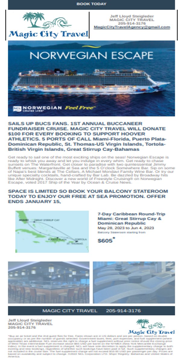 Jeffsteig's tweet photo. 12 DAYS LEFT!!  GUARANTEED BEST RATES FOR THE HOOVER BUCS FUNDRAISER CRUISE TO THE EASTERN CARIBBEAN. May 28-June 4th.  ALL BALCONY STATEROOMS!  Enjoy Free At Sea Package ON the Norwegian Escape.  Call the Hoover Athletic Department or Magic City Travel at 205-914-3176 https://t.co/h623gyfPb6