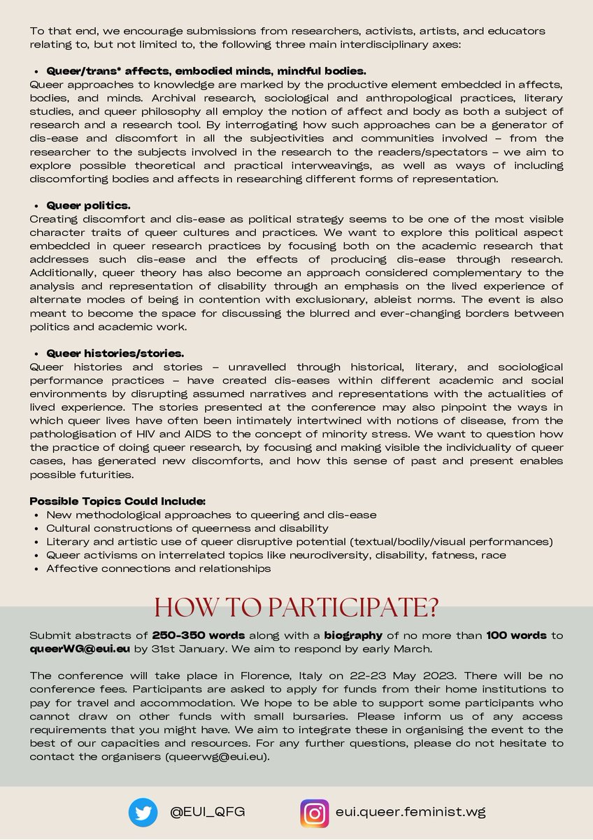 EUI_QFG's tweet photo. We are interdisciplinary &amp; invite responses from researchers, activists, artists, educators, &amp; more!

Send abstracts of 250-350 words, along with a biography of no more than 100 words, to queerwg@eui.eu by 31st January.

CFP text can be emailed as a plain document upon request. https://t.co/WALLo6H65z