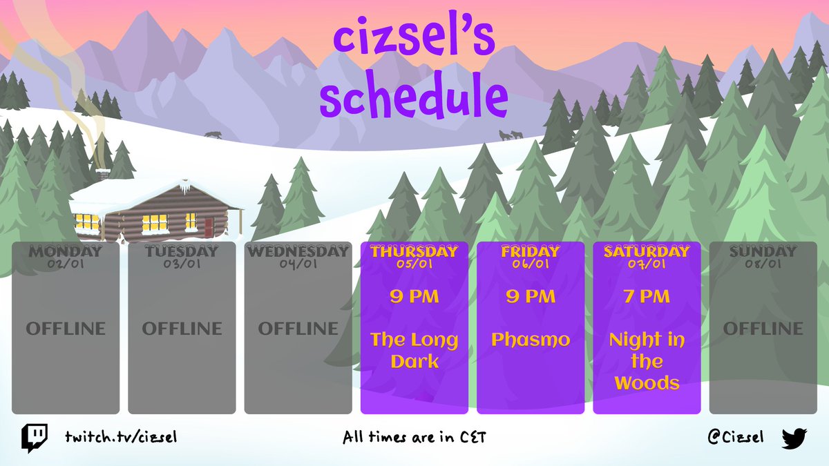 Cizsel's tweet photo. My schedule for this week 😊 after taking a few days to catch my breath I will be back streaming #TheLongDark on Thursday and #Phasmophobia on Friday, and the unlocked milestone to stream the rest of #NightInTheWoods on Saturday

Hope to see you there 💜 https://t.co/XJaZ5xUwsJ https://t.co/GI11QZz12X