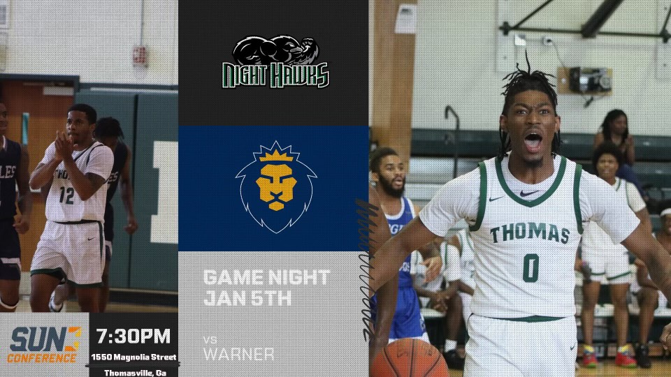 nighthawksmbkb's tweet photo. Come join us Thursday night as we take on the Royals from Warner University @ 7:30pm!
(RV) Thomas (11-2) vs Warner (7-2)
Free Admission!
Concessions!
Come out and have a fun time at Thomas University Gymnasium!!!
#ThomasvilleGA #TheSunConference #GoNighthawks https://t.co/1LVrU7Bi0x