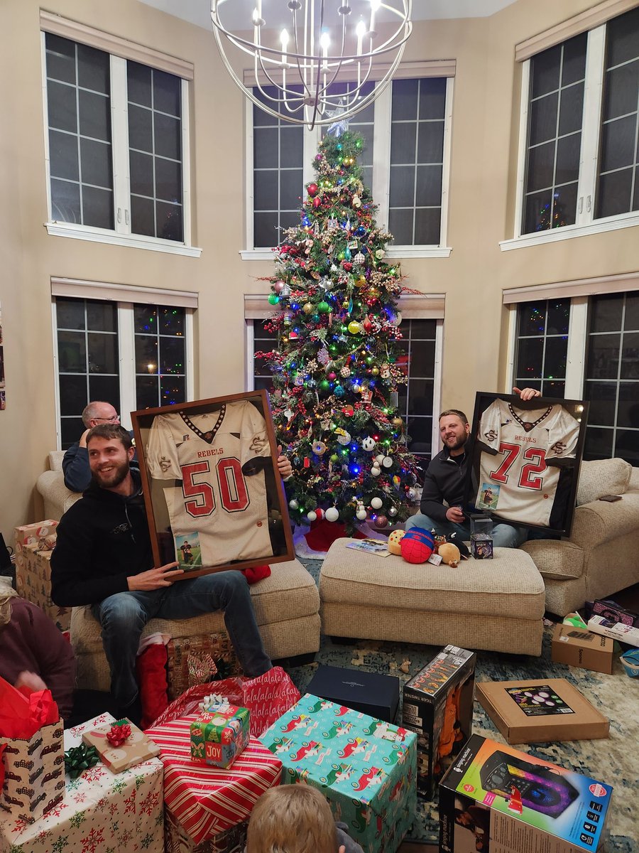 marybethk47's tweet photo. Last year I purchased the Rebels jerseys boys wore when they played HS football for @jnoard17 I framed the jerseys and added their 2008 IHSA state pins and a pic #highschoolfootball #alwaysaRebel #SCRebel @SCRebelFootball https://t.co/SSl809jish