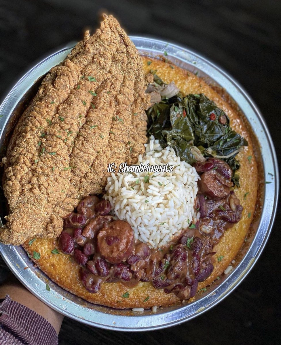 Catfish Cornbread Bowls With Red Beans &amp; Rice and Collard Greens

Via IG : shambriaseats | Dallas, TX