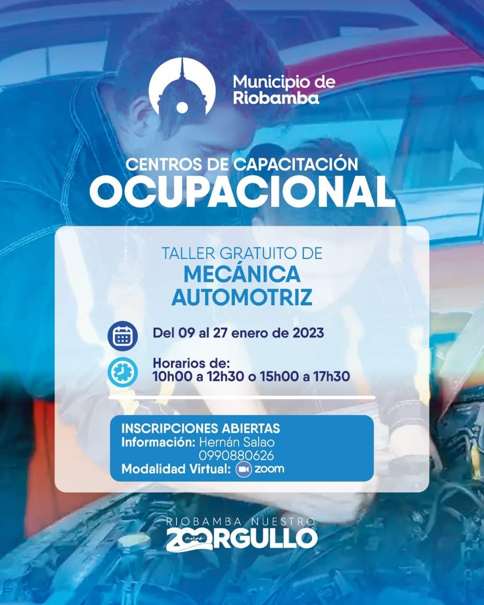 NapoCadena's tweet image. Los Centros de #CapacitaciónOcupacional del Municipio de Riobamba te invitan a ser parte de los Talleres Gratuitos del mes de enero.
#Modalidadvirtual.