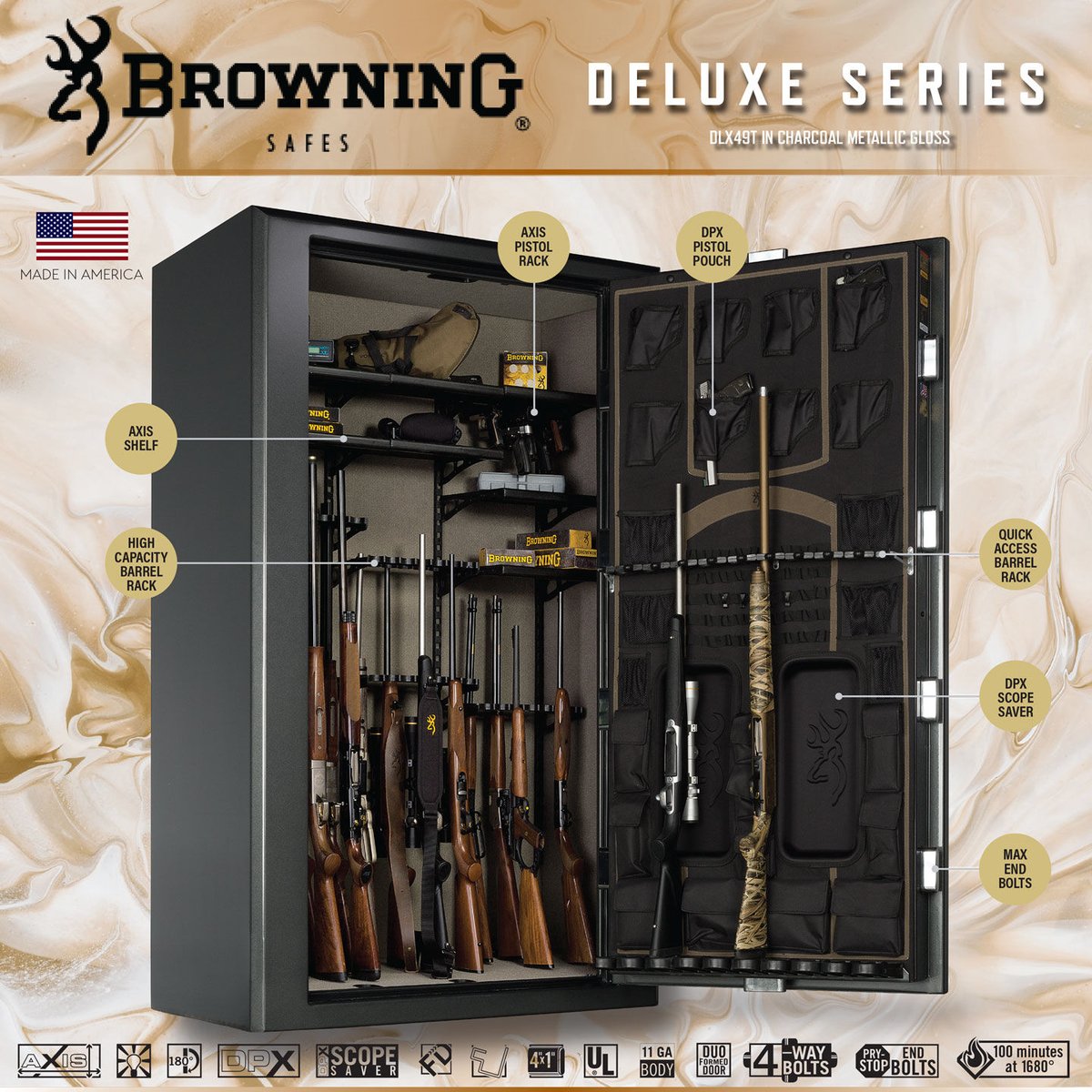 BrowningSafe's tweet photo. It's what's inside that counts! Get the most versatile gun-safe interior that adjusts easily to accommodate more possessions. The #BrowningSafes Deluxe Tall 49-Gun Safe comes wrapped in tough security features and an impressive fire rating that will give you peace of mind. https://t.co/r1IJSL2itU
