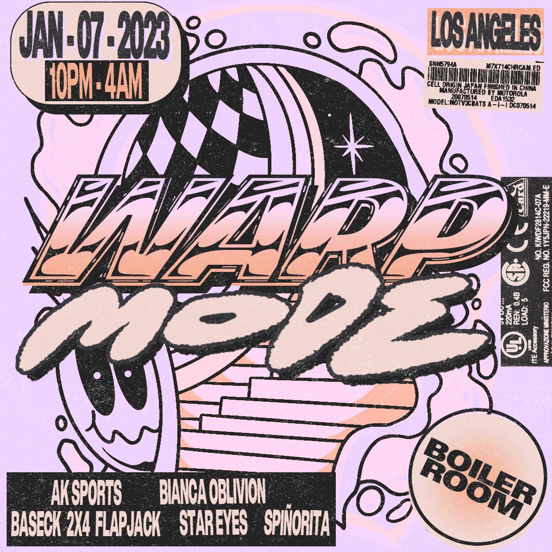 Excited to announce our Warp Mode x <a href="/boilerroomtv/">BOILER ROOM</a> broadcast happening Sat. in DTLA! 😵‍💫🌀

<a href="/aksportsdj/">AK SPORTS</a> 
<a href="/baseck/">BASECK</a> 2x4 <a href="/flapjackmemeguy/">Flapjack</a> 
<a href="/biancaoblivion/">Bianca Oblivion</a>
@spinorita
<a href="/stareyezzz/">STAR EYES</a>

+ special warm up set by <a href="/DannyGoliger/">Danny Goliger</a> 👏🏽👏🏽👏🏽

Jan 7th
10p - 4a
Free entry w/ RSVP
blrrm.tv/warp-mode