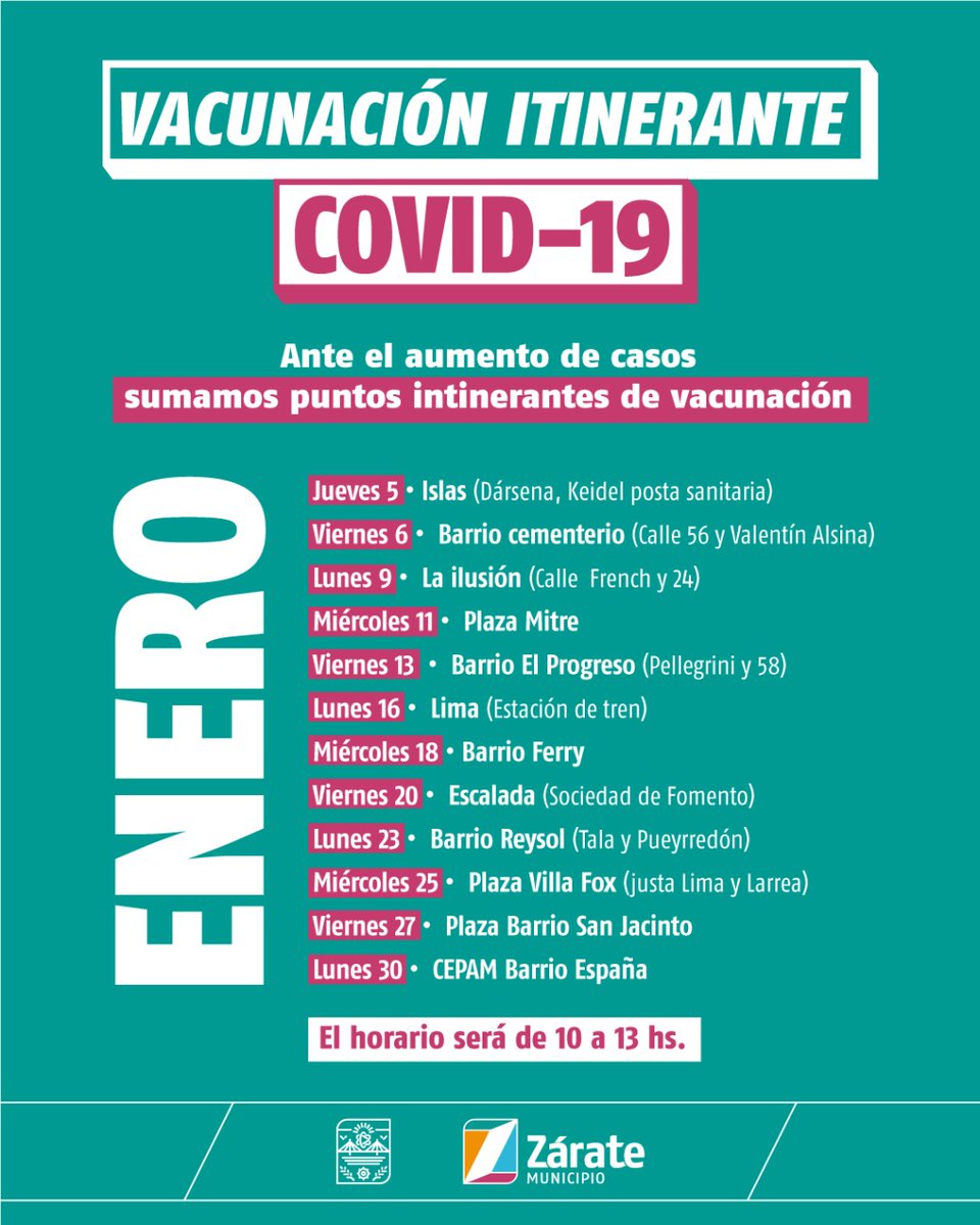 #Salud 👩🏻‍⚕️ | ENERO ⛱️Vacunación Itinerante contra el COVID -19 🦠😷

👉🏽Compartimos las fechas de las jornadas de vacunación itinerante contra en COVID - 19 del mes.

⏱️Horario de atención: 10 a 13hs.