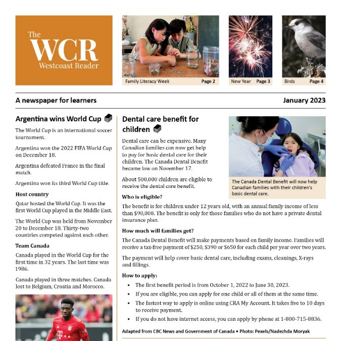decodaliteracy's tweet image. A new issue of The Westcoast Reader newspaper for learners is now available!
Subscribe at: thewestcoastreader.com/newspapers 
#JanuaryNews #Newspaper #Newspaper4Learners #Literacy #AdultLiteracy #TeacherResource
